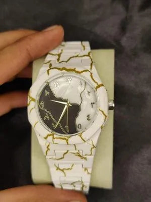 Men's Carbon Fiber White Marble Watch with Golden Design