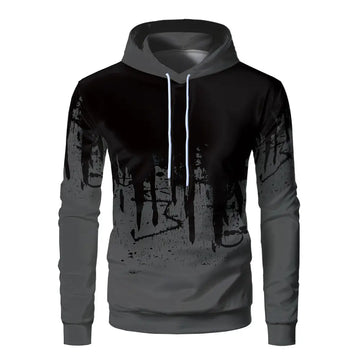 Men 3D Print Hoodie Fleece Loose Fit Black Gray