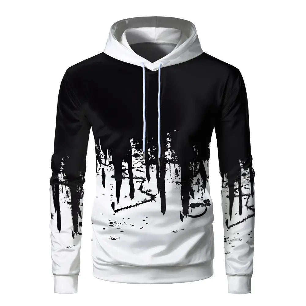 Men 3D Print Hoodie Fleece Loose Fit Black Gray