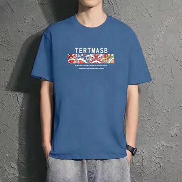 Men Blue Loose Fit Letter Print T-Shirt Summer