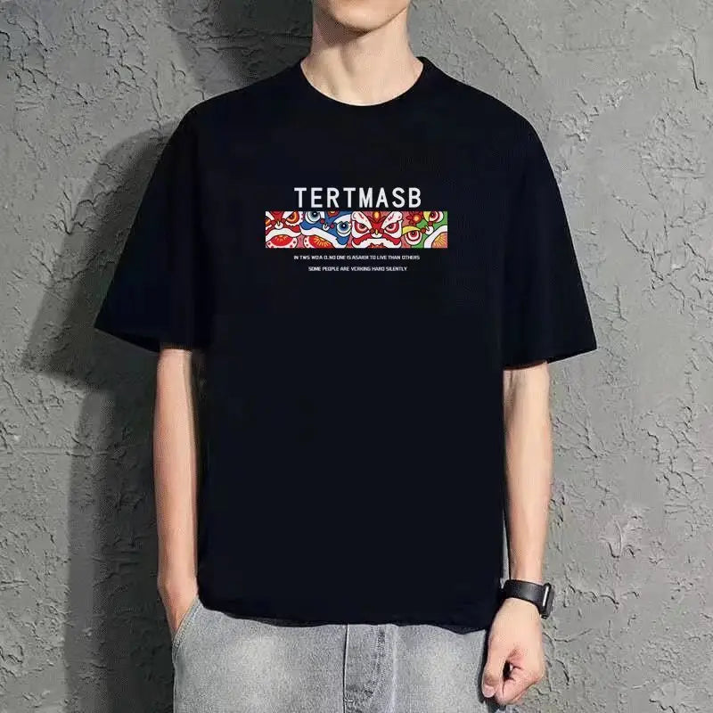 Men Blue Loose Fit Letter Print T-Shirt Summer