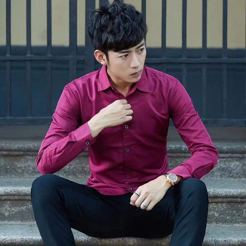 Men Slim Fit Black Long Sleeve Shirt New