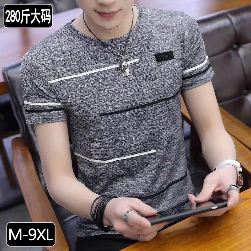 Men Ice Silk Round Neck T-Shirt M-9XL Summer Korean Style