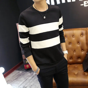 Men Striped Long Sleeve T-Shirt White Black Round Neck