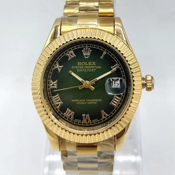 Oyster Watch Gold Rolex Fluted Bezel Olive Green Dial